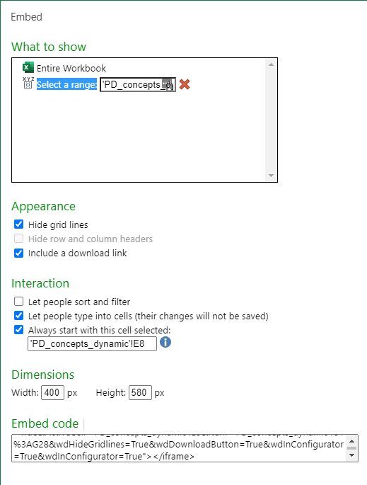 embed options in sharepoint > Excel